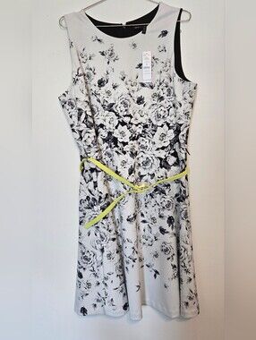 White House Black Market Black & White Floral Dress with Yellow Accent